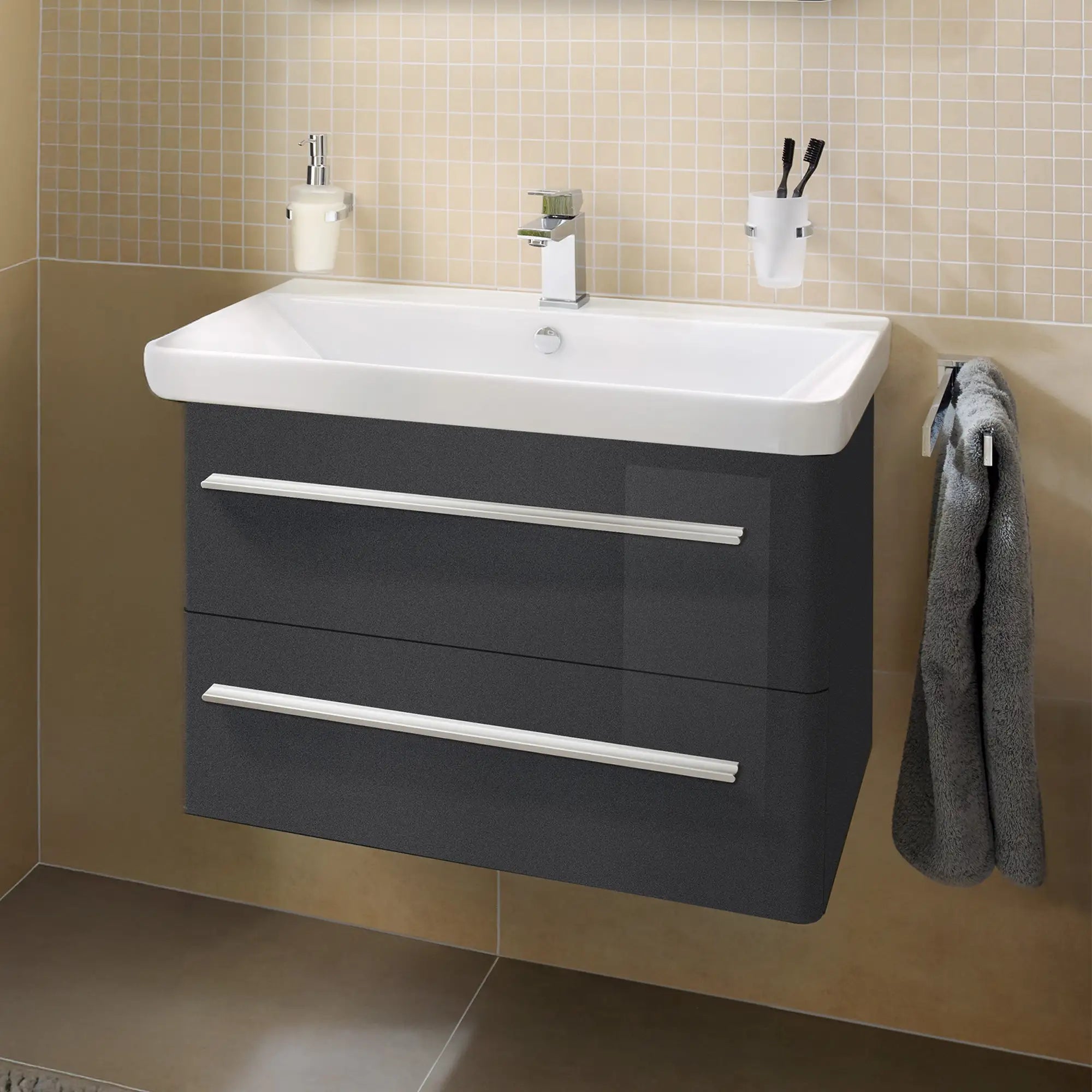 K8 Waschtisch inkl. Unterschrank | 80 cm, Grafit Hochglanz