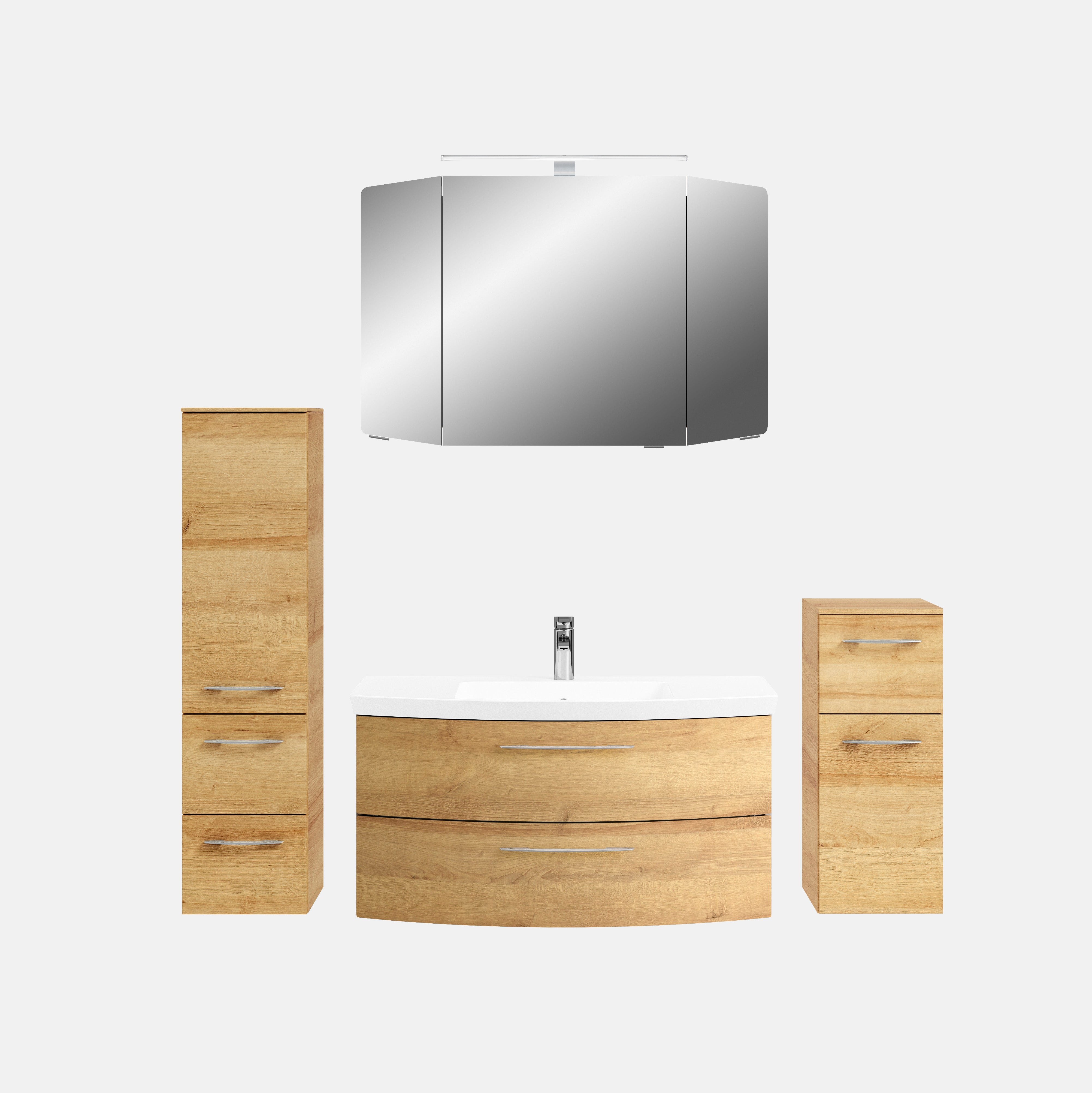 Pelipal Cassca Sprint 101 cm + 2x30 cm Badmöbel Set - Waschtisch mit Unterschrank, Spiegelschrank, Midischrank, Hochschrank - Riviera Eiche