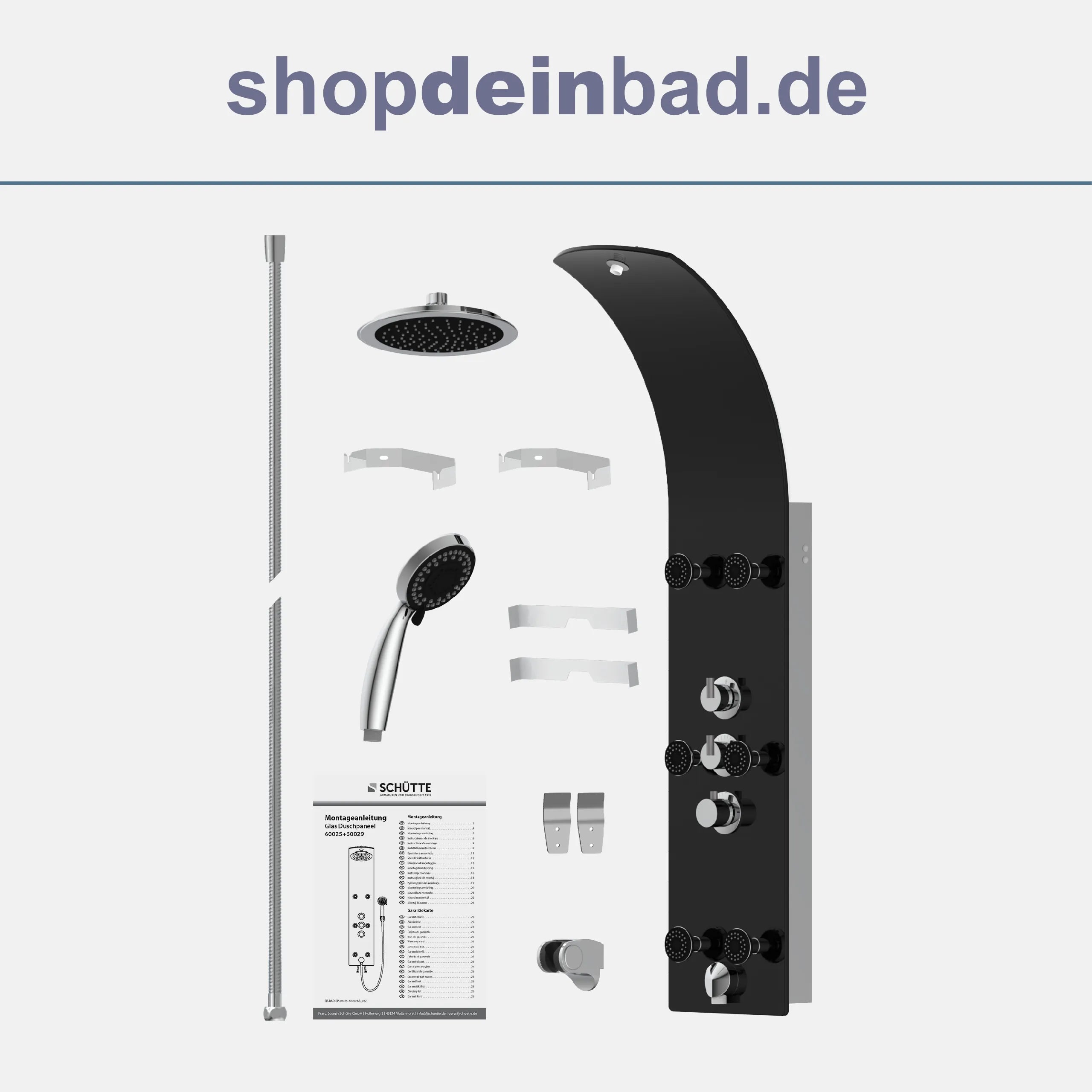 Glas-Duschpaneel, Schwarz, mit Thermostat