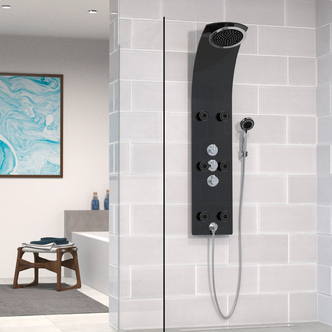 Glas-Duschpaneel, Schwarz, mit Thermostat