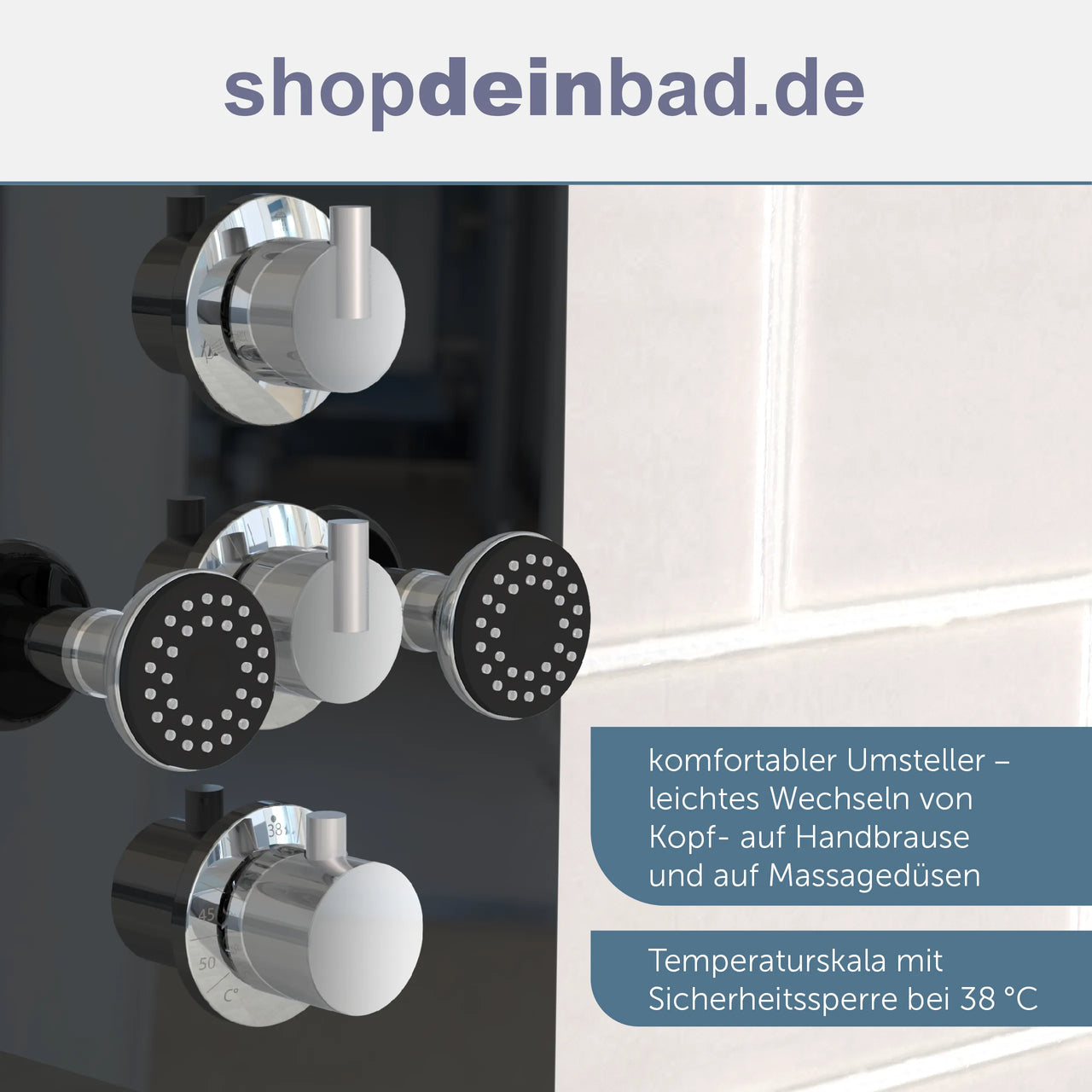 Glas-Duschpaneel, Schwarz, mit Thermostat