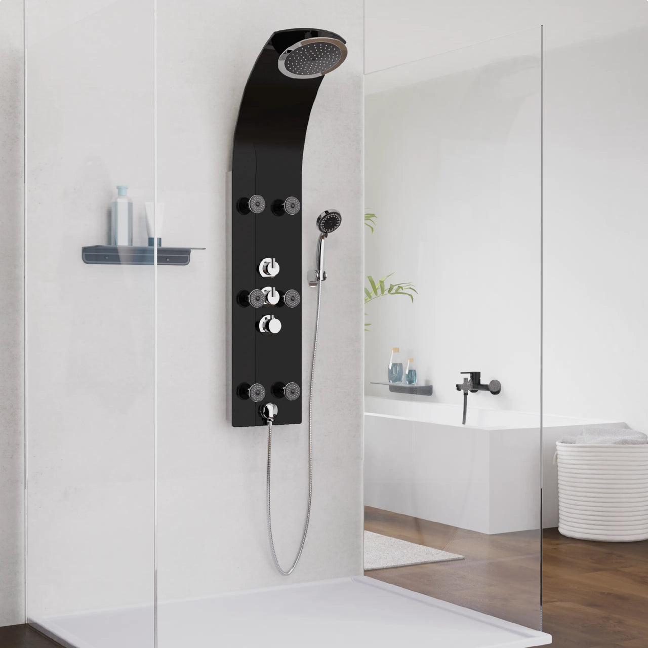 Glas-Duschpaneel, Schwarz, mit Thermostat