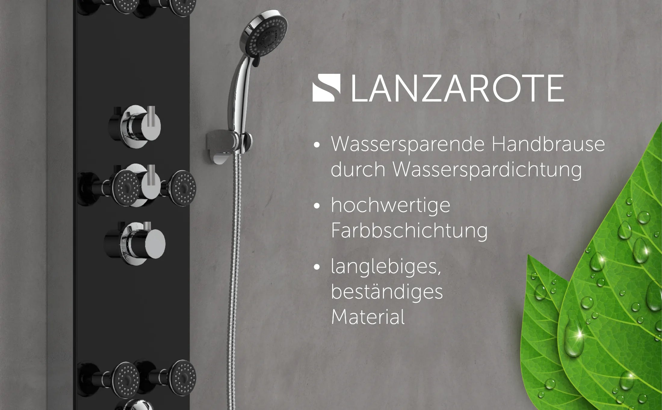 Glas-Duschpaneel, Schwarz, mit Thermostat
