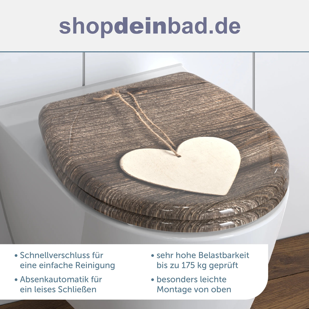 WC-Sitz WOOD HEART mit Absenkautomatik und Schnellverschluss