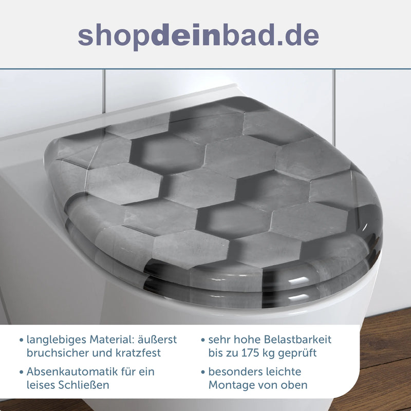 WC-Sitz GREY HEXAGONS mit Absenkautomatik und Schnellverschluss