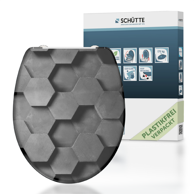 WC-Sitz GREY HEXAGONS mit Absenkautomatik und Schnellverschluss