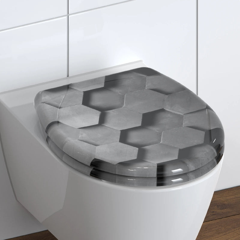 WC-Sitz GREY HEXAGONS mit Absenkautomatik und Schnellverschluss