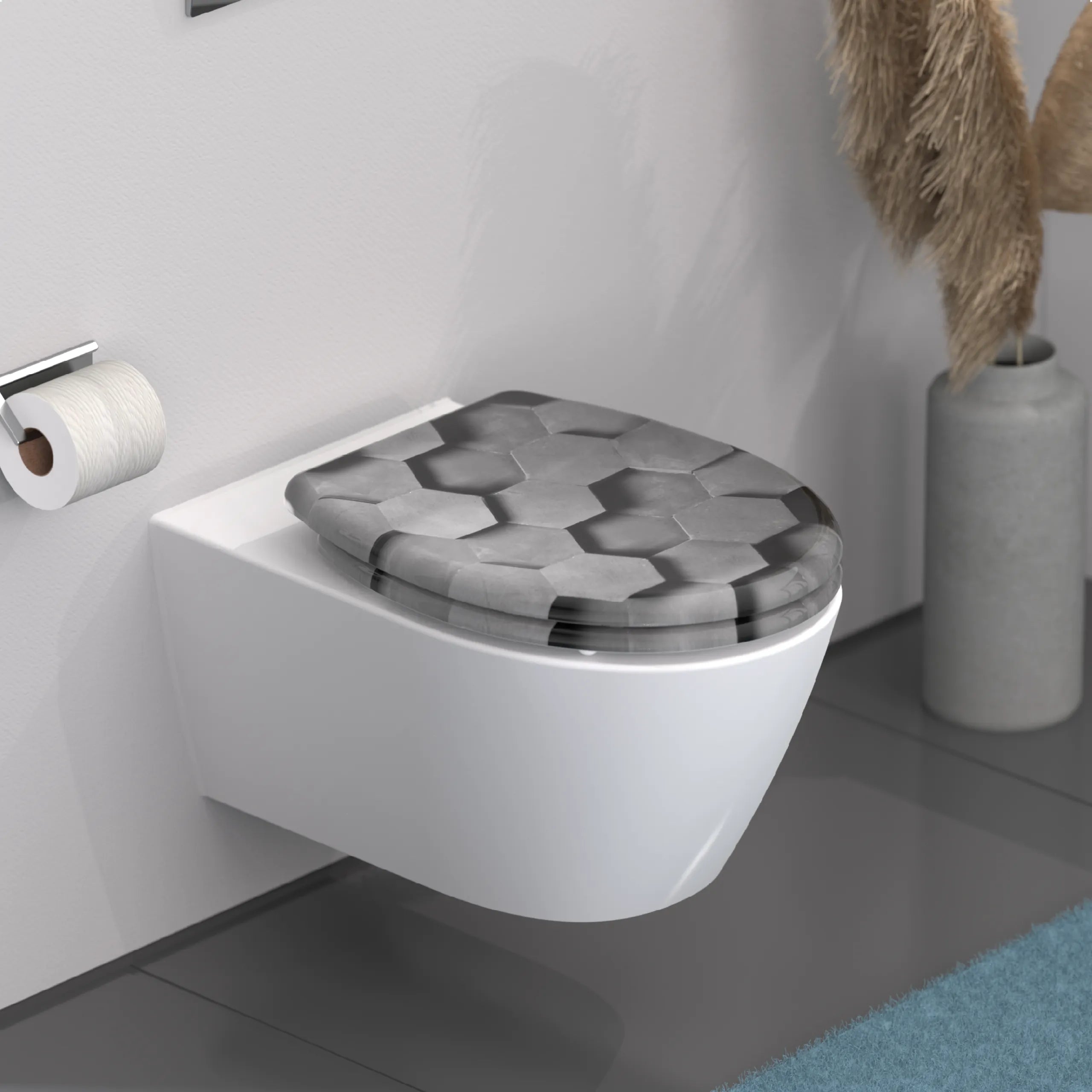 WC-Sitz GREY HEXAGONS mit Absenkautomatik und Schnellverschluss