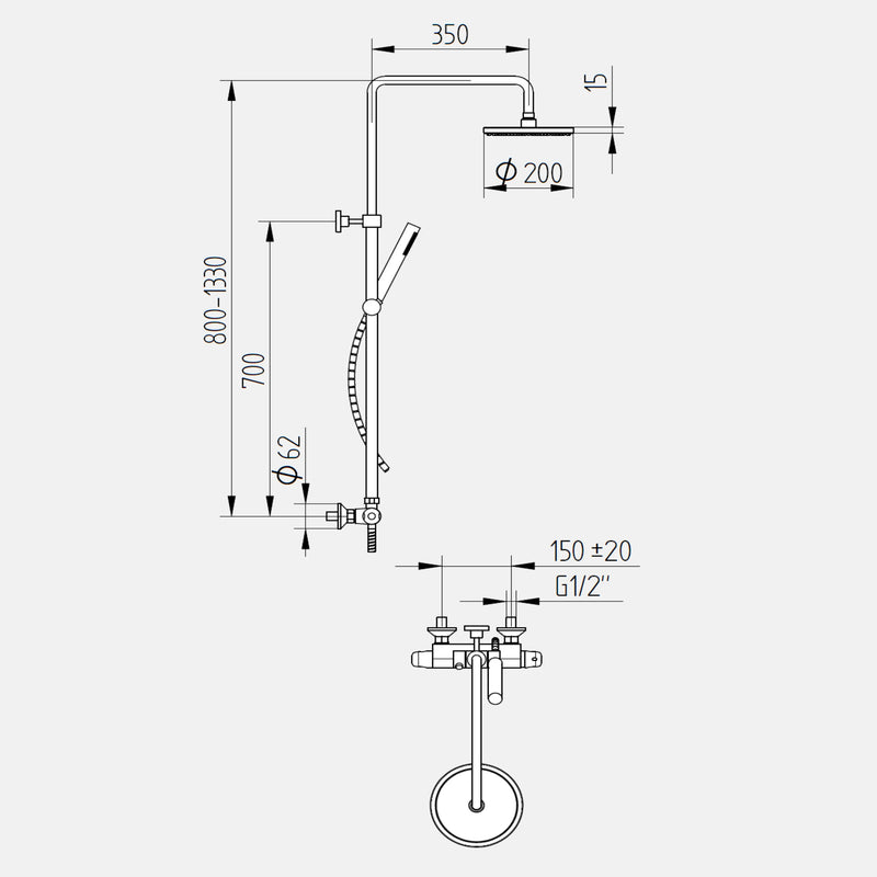 Duschsystem mit Thermostat-; rund, verchromt
