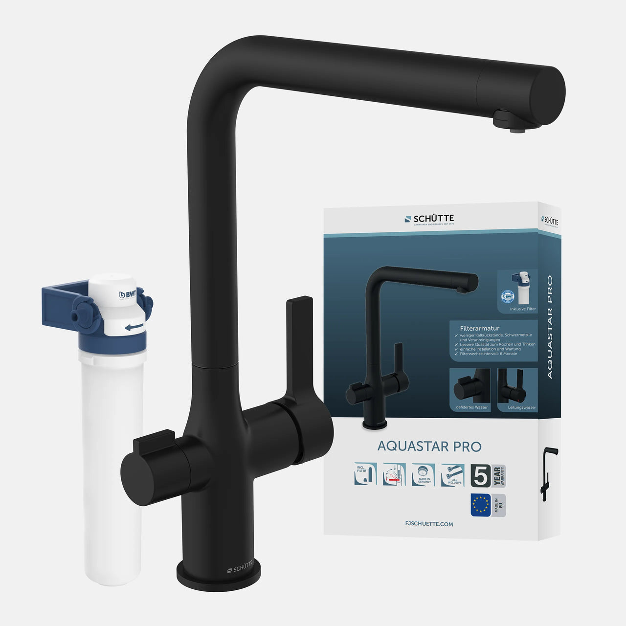 AQUASTAR PRO Trinkwasser-Spültischarmatur, Schwarz matt, mit Filtersystem