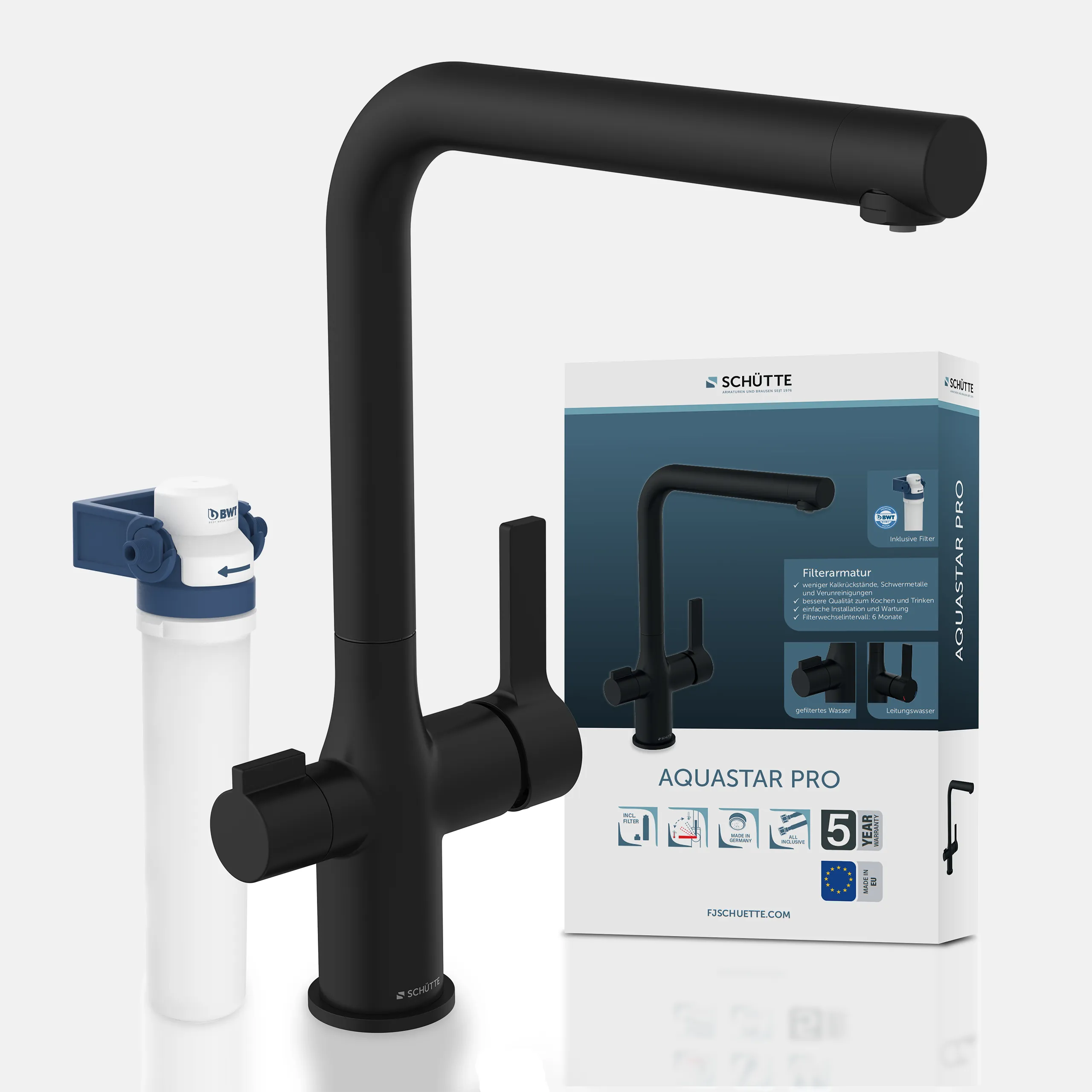 AQUASTAR PRO Trinkwasser-Spültischarmatur, Schwarz matt, mit Filtersystem