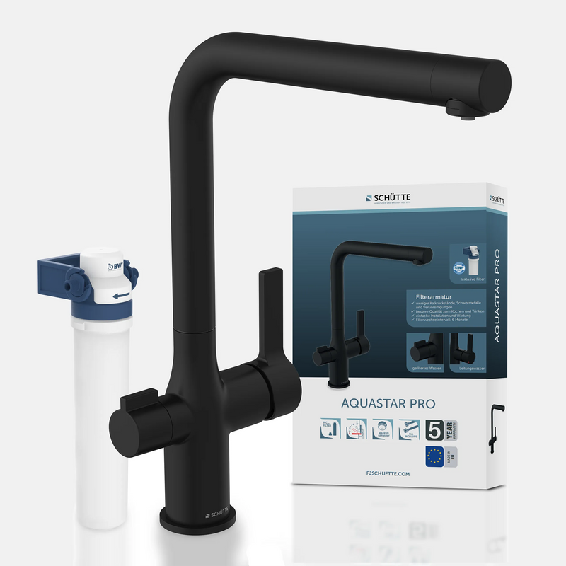 AQUASTAR PRO Trinkwasser-Spültischarmatur, Schwarz matt, mit Filtersystem