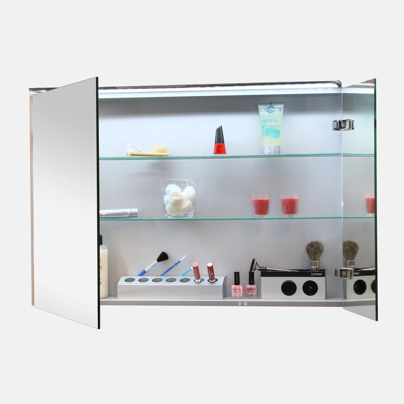 Spiegelschrank L5 | 90 cm mit dimmbarer LED-Leuchte und zwei Türen, Eiche Maron