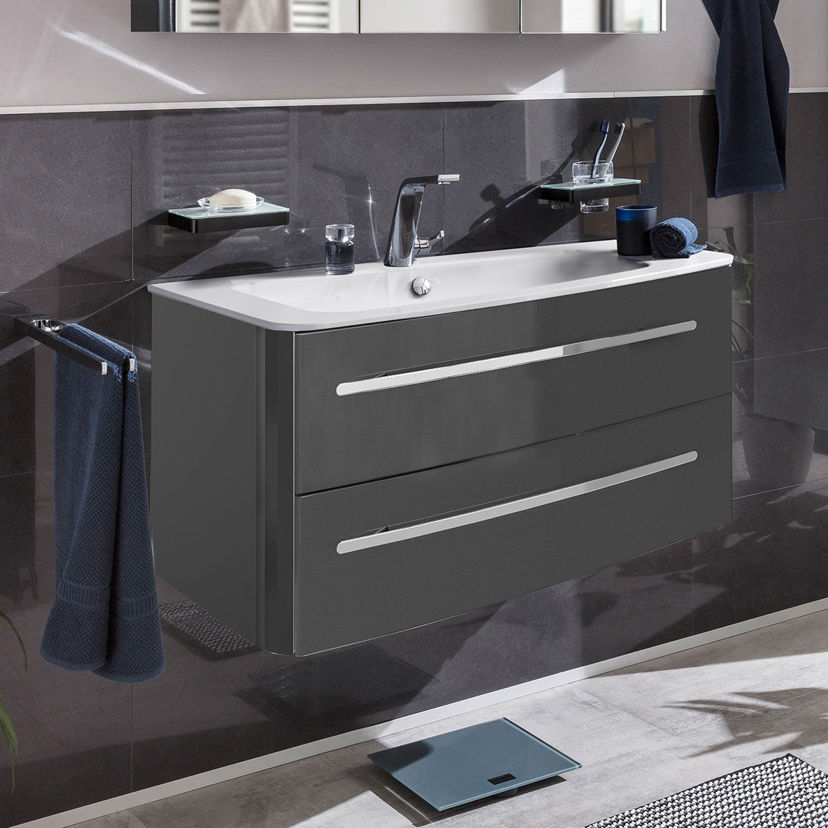 Lanzet Classico 100 cm Waschtisch inkl. Unterschrank rechts Grafit Hochglanz
