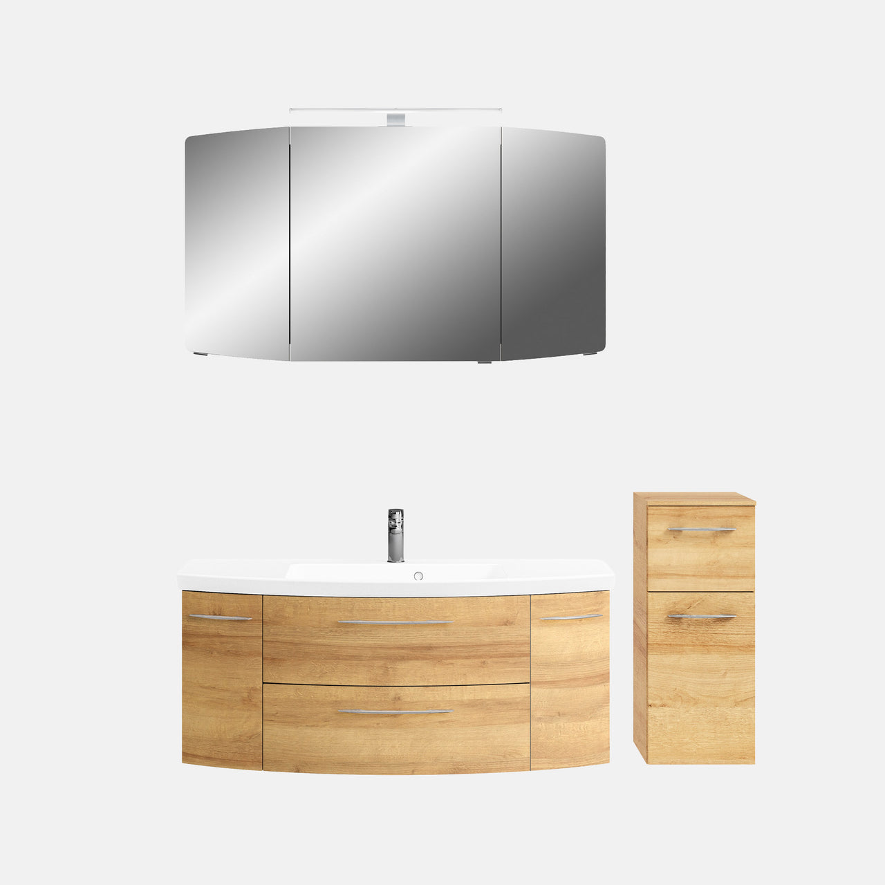 Pelipal Cassca Sprint 121 cm + 30 cm Badmöbel Set - Waschtisch mit Unterschrank, Spiegelschrank, Midischrank - Riviera Eiche
