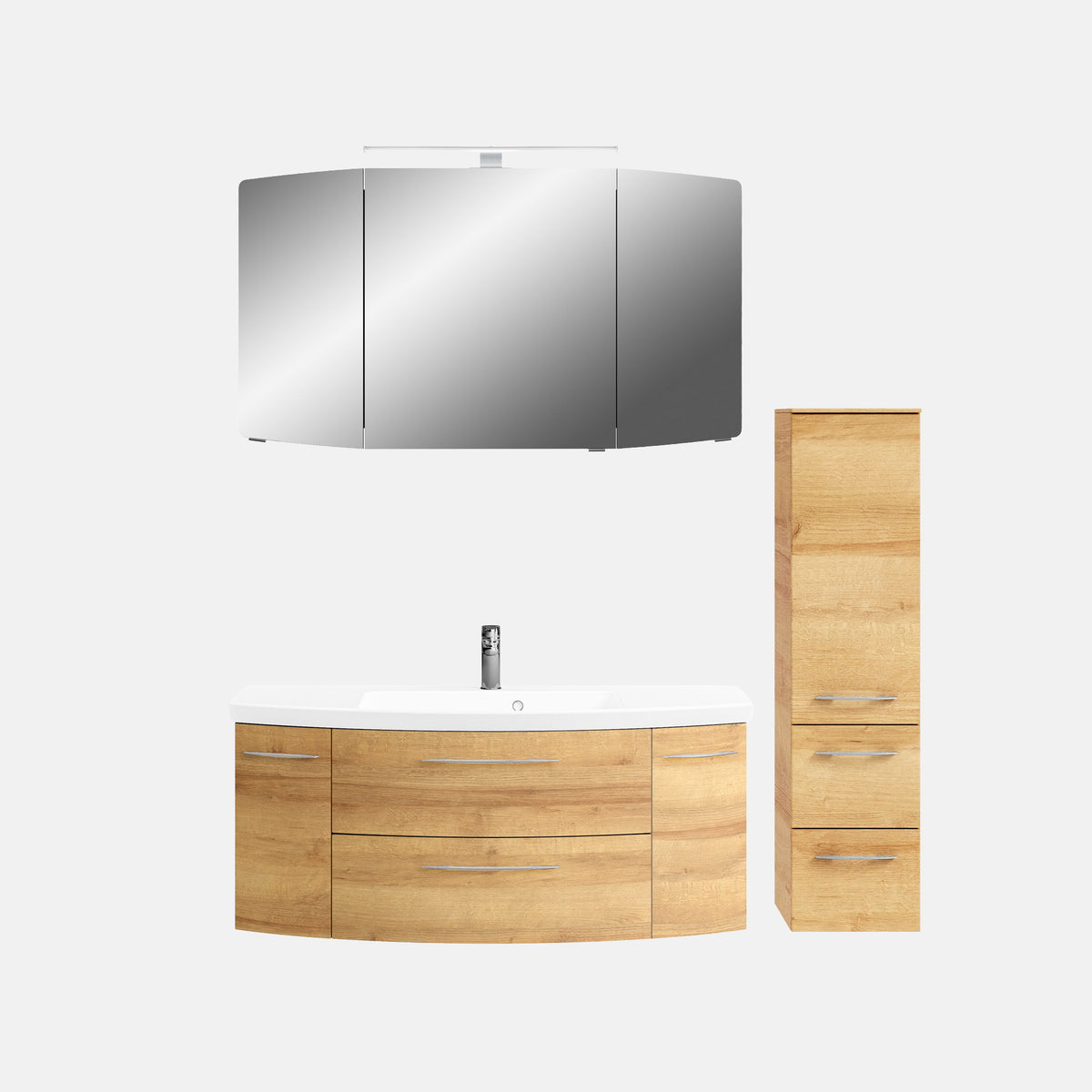 Pelipal Cassca Sprint 121 cm + 30 cm Badmöbel Set - Waschtisch mit Unterschrank, Spiegelschrank, Hochschrank - Riviera Eiche