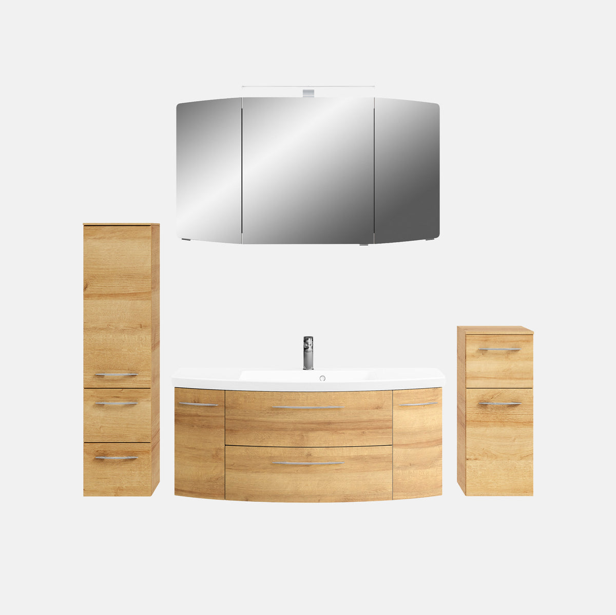 Pelipal Cassca Sprint 121 cm + 2x30 cm Badmöbel Set - Waschtisch mit Unterschrank, Spiegelschrank, Midischrank, Hochschrank - Riviera Eiche