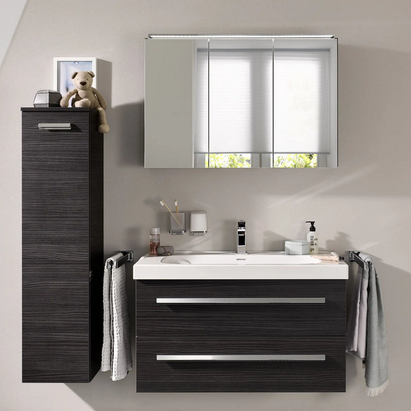Spiegelschrank L5 | 100 cm mit dimmbarer Leuchte und drei Türen, Weiß Hochglanz