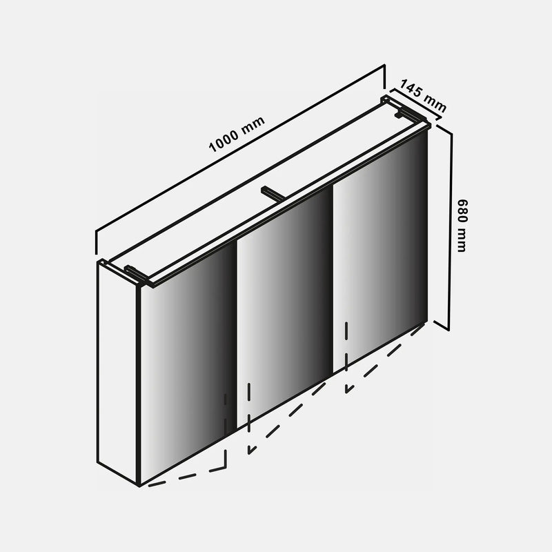 Spiegelschrank L5 | 100 cm mit dimmbarer Leuchte und drei Türen, Weiß Hochglanz