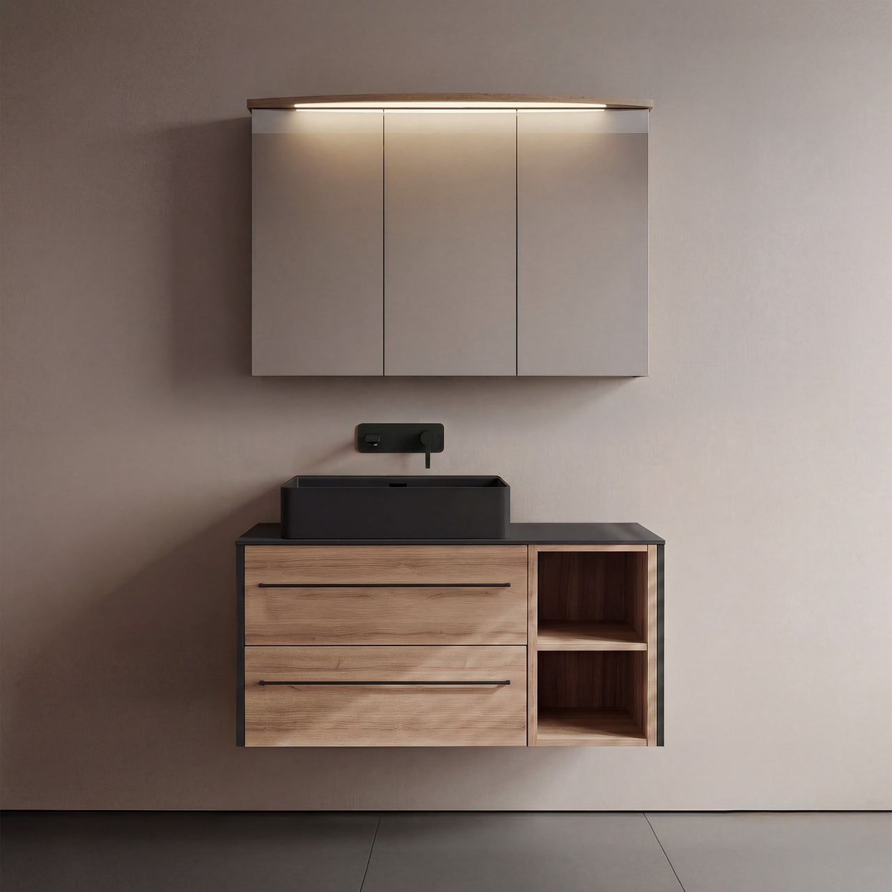 Lanzet Q4, LED Spiegelschrank 90 cm, Wandmontage Waschtischarmatur