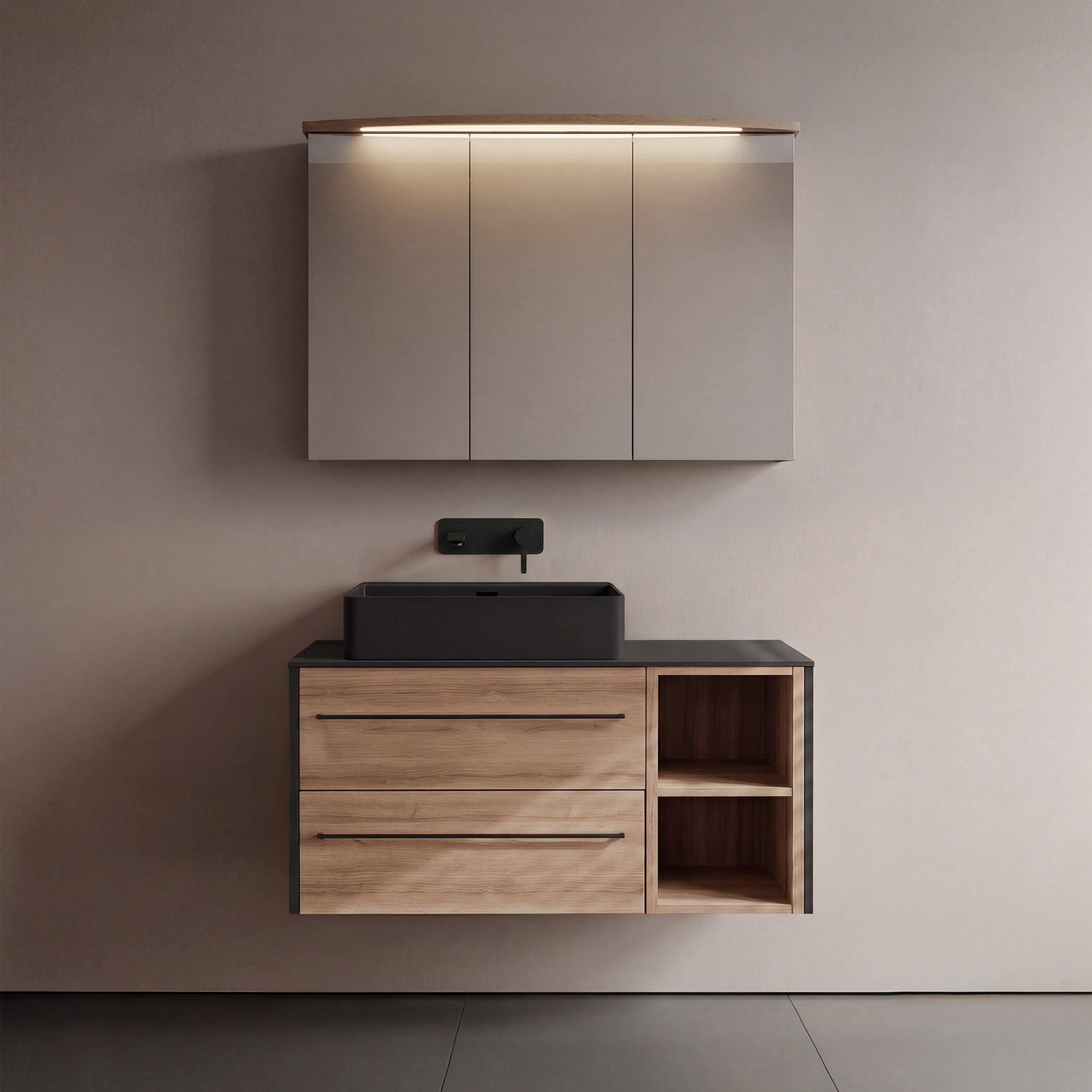 Lanzet Q4, LED Spiegelschrank 90 cm, Wandmontage Waschtischarmatur